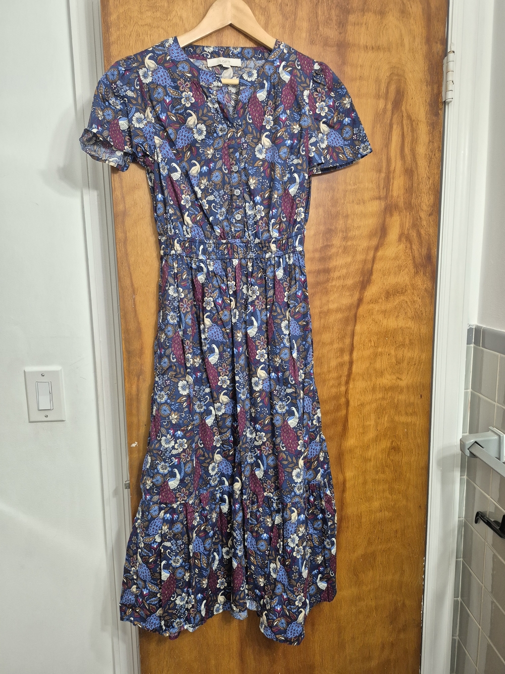 LOFT Navy Floral Tiered Maxi Dress with Burgundy Accents
